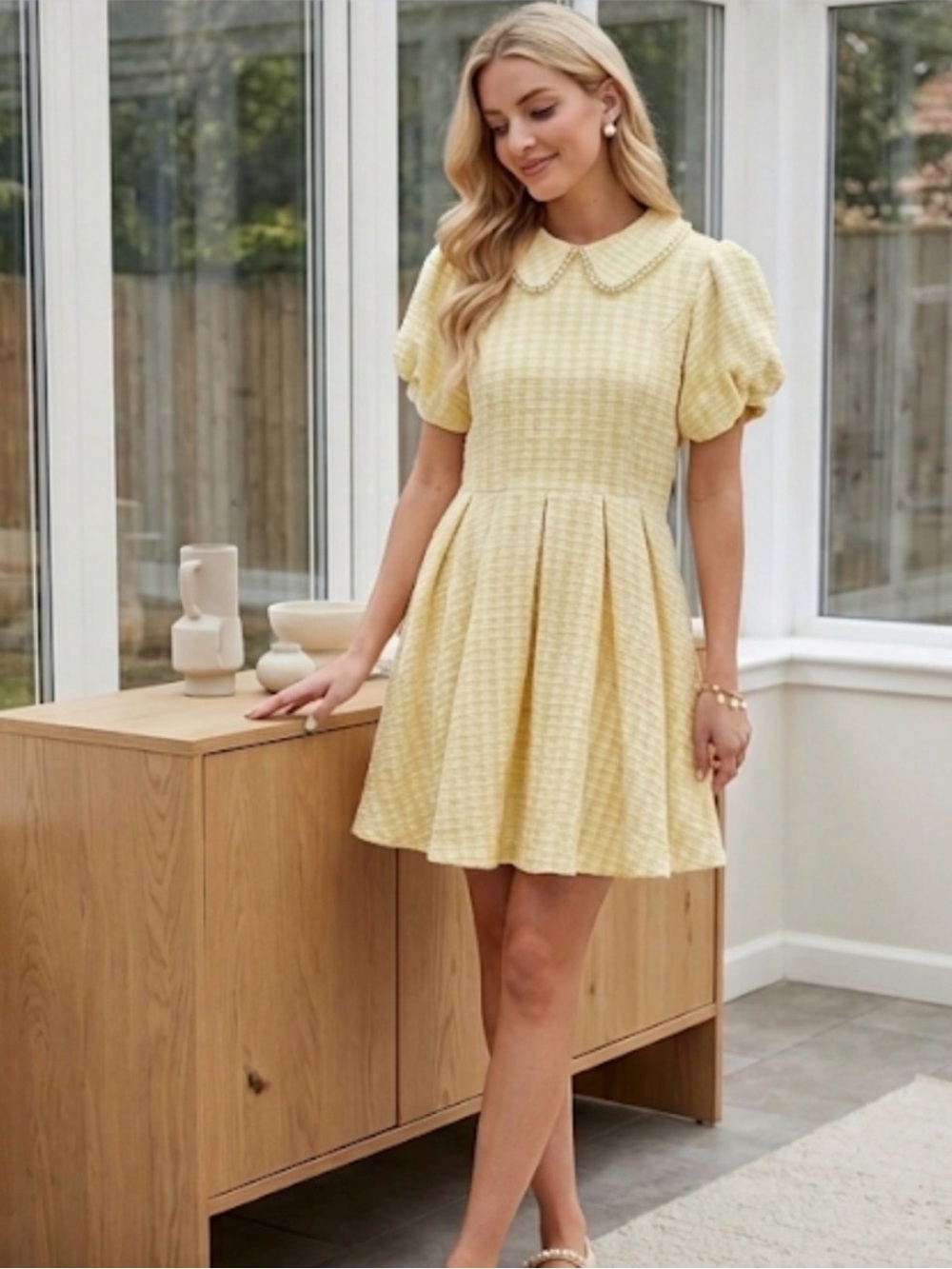 Ivy City Co Yellow Pleated Collar Dress with Pearl Trim